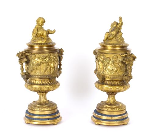 Antique French Pair Two-tone Gilt Bronze Lidded Urns with Cherub Finials 19th C
