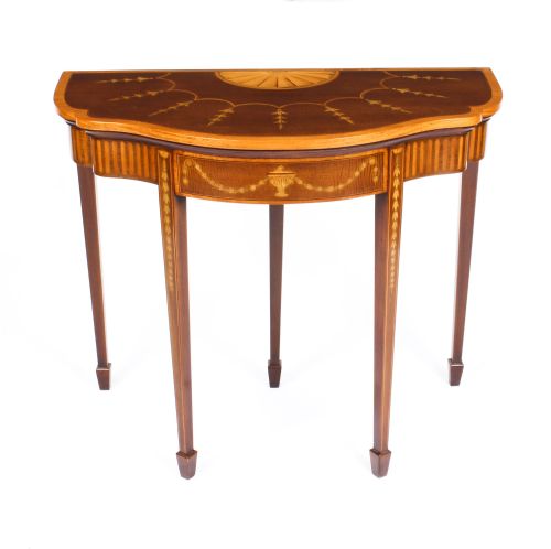 Antique Mahogany and Satinwood Inlaid Serpentine Card Console Table 19th C
