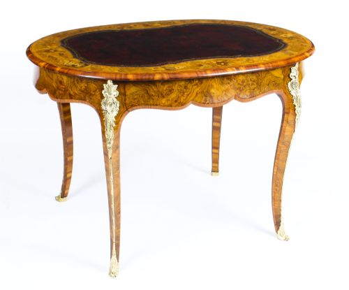 Antique Victorian Burr Walnut & Floral Marquetry Writing Table 19th C
