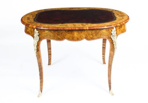fig 1. Antique Victorian Burr Walnut & Floral Marquetry Writing Table 19th C