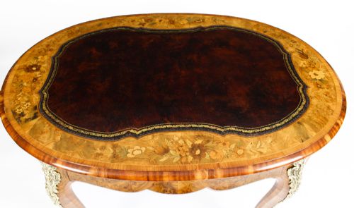 fig 2. Antique Victorian Burr Walnut & Floral Marquetry Writing Table 19th C