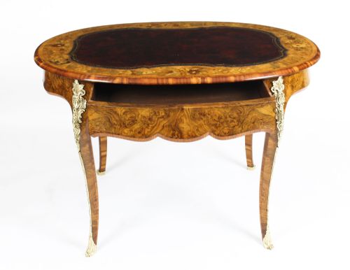 fig 7. Antique Victorian Burr Walnut & Floral Marquetry Writing Table 19th C