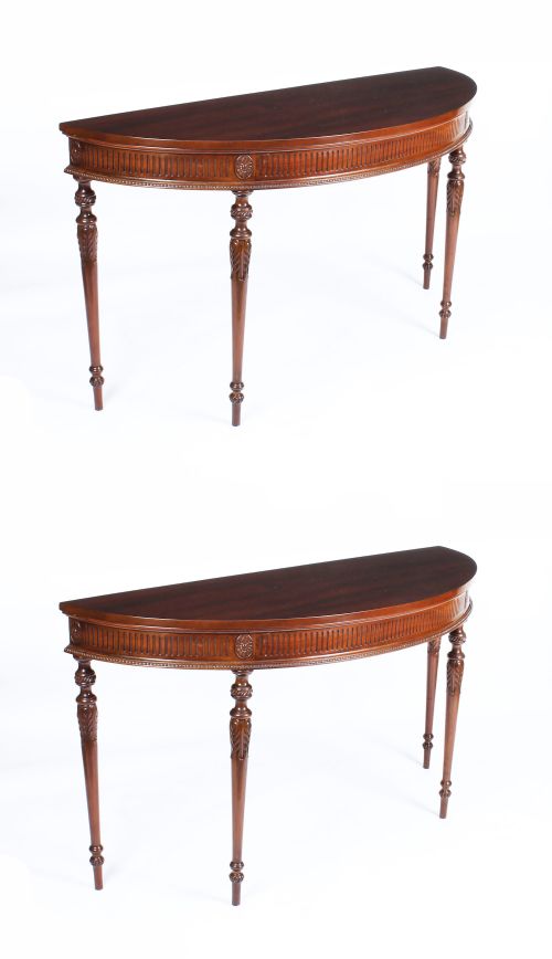 Antique Pair Edwardian Mahogany Demilune Console Side Tables 19th C
