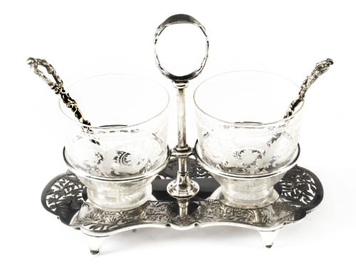 Antique Victorian Silver Plated Glass Strawberry & Cream Set C1870 19th Cent
