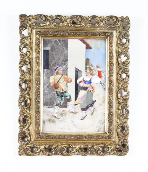 Antique Italian Grand Tour Pietra Dura Plaque Giltwood Frame 19th Century
