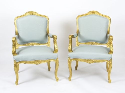 Antique Pair Louis Revival French Giltwood Armchairs 19th Century
