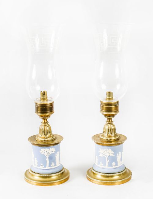 Antique Pair Ormolu & Jasperware Table Lamps Circa 1890 19th Century
