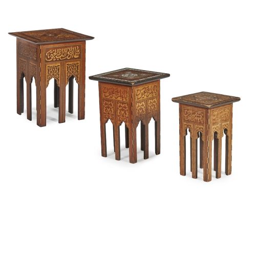 Antique Set of 3 Syrian Mother Pearl Inlaid Occasional Tables 19th C
