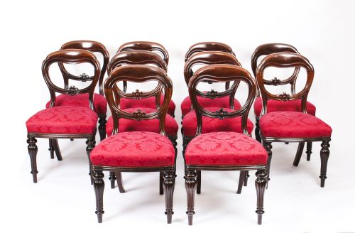 Antique Set 10 Victorian Mahogany Balloon Back Dining Chairs 19th Century
