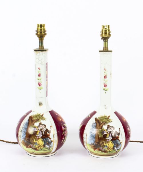 Antique Pair German Dresden Style Porcelain Lamps C1920
