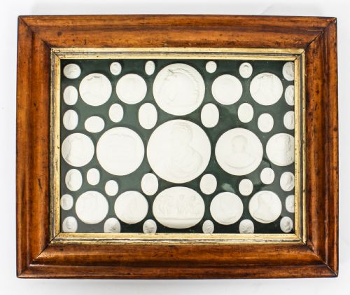 Antique Set 47 Framed Plaster Intaglios of Portrait Busts of Kings 19th Century
