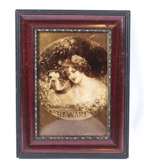 Antique Victorian Crystoleum Picture Painting of a Girl & Pug, 1901

