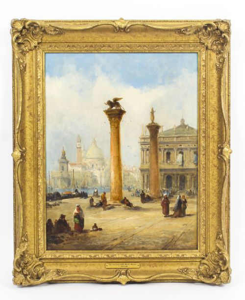 Antique Oil Painting the Columns of St. Marks Square J.vivian 19th C
