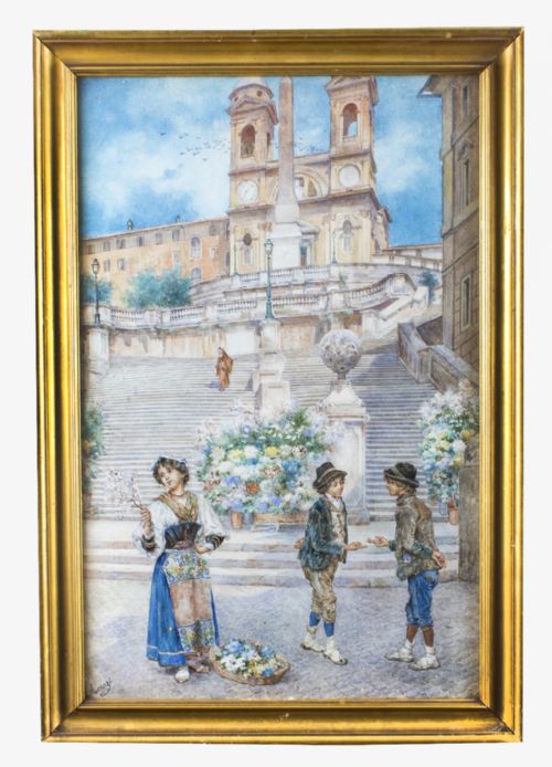 Antique Watercolour Ettore Ascenzi " the Spanish Steps" 19th C
