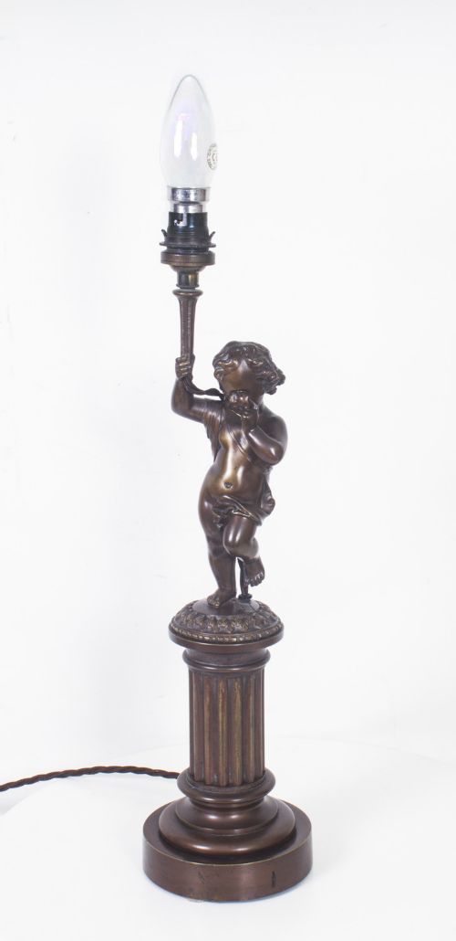 Antique French Patinated Bronze Cherub Table Lamp C1920
