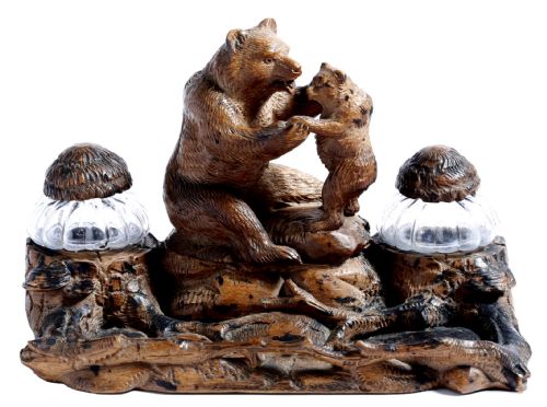 Antique Hand Carved Black Forest Bears Inkstand 19th Century
