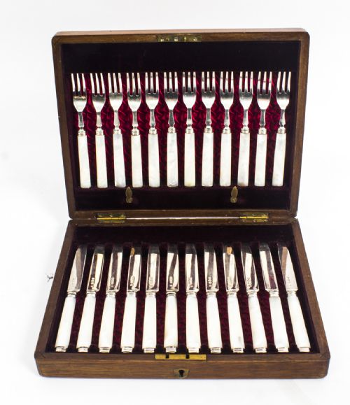 Antique Boxed Set 12 Pairs Silver & Mother of Pearl Fruit Forks & Knives 1892
