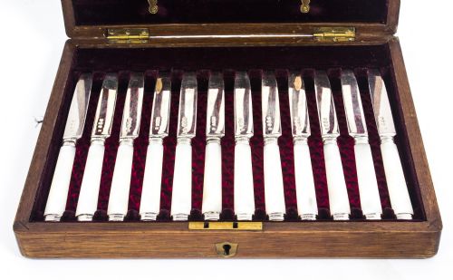 fig 4. Antique Boxed Set 12 Pairs Silver & Mother of Pearl Fruit Forks & Knives 1892