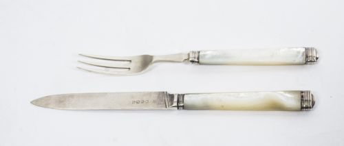 fig 5. Antique Boxed Set 12 Pairs Silver & Mother of Pearl Fruit Forks & Knives 1892