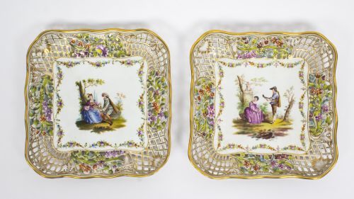 Antique Pair German Dresden Porcelain Reticulated Dishes 19thc
