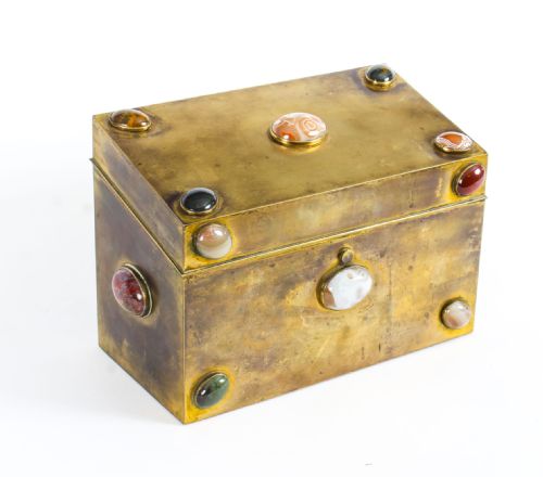Antique Victorian Brass & Semi Precious Stones Cabochon Stationery Casket C1860.
