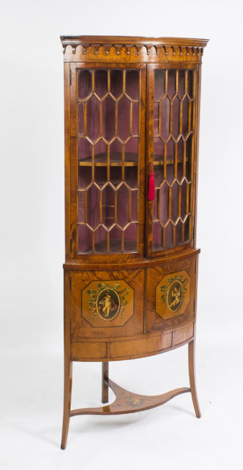Antique English Edwardian Satinwood Corner Display Cabinet C.1890
