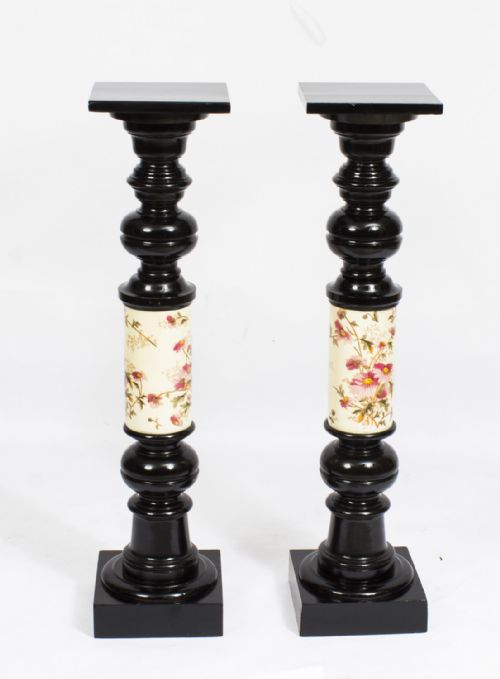 Antique Pair Large Ebonised and Porcelain Pedestals C1880
