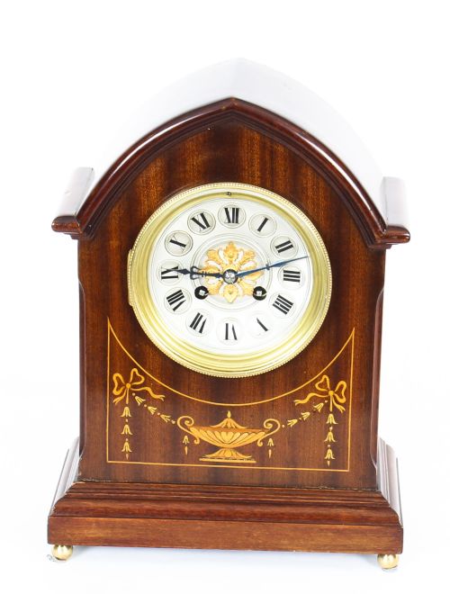 fig 1. Antique French Mahogany & Marquetry Mantle Clock Circa 1900