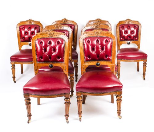 Antique Set 8 English Carved Oak Leather Upholstered Dining Chairs C1860 19thc
