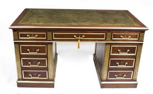Antique Empire Revival Mahogany & Brass Set Pedestal Desk C1880
