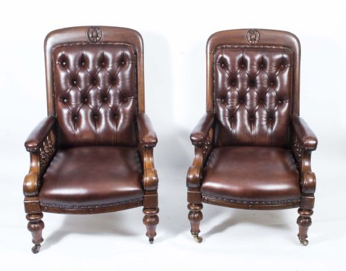 ANTIQUE PAIR ENGLISH VICTORIAN LEATHER ARMCHAIRS C1880 - ADDITIONAL PHOTO 14