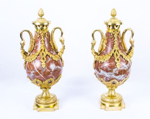 Antique Pair Louis Xv French Rouge Marble Urns C.1860
