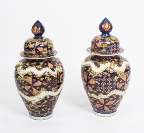 Antique Large Pair Japanese Imari Dragon Porcelain Vases 19th C
