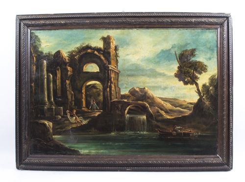 Antique Oil Painting Landscape Ruins C.1910
