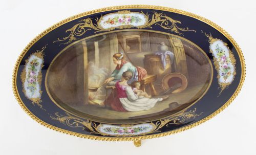 Antique Sevres Porcelain Ormolu Mounted Oval Dish 19th Century
