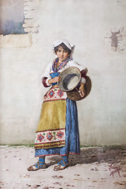 fig 1. Antique Watercolour 'Water Carrier' F Indoni c.1890

