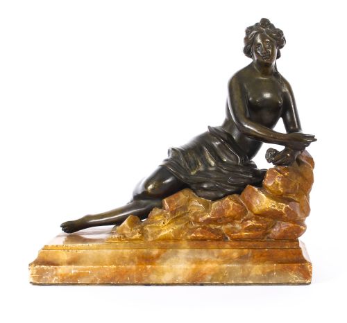 fig 3. A pair of 19th-century dark bronze sculptures depicting semi-nude classical reclining female figures set upon carved yellow marble bases.