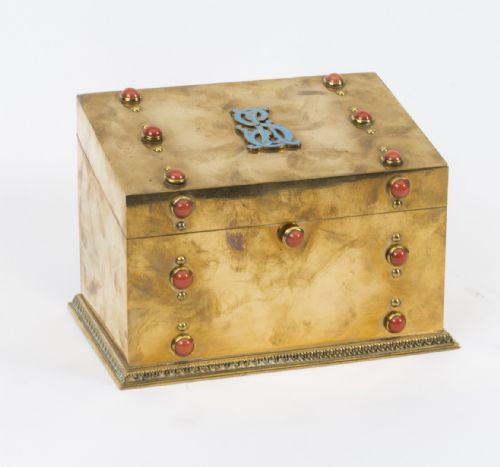 Antique French Coral Mounted Brass Letter Stationary Box C1880
