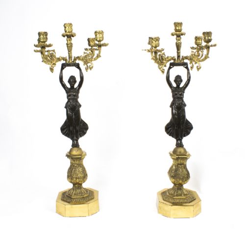 Antique Pair Large Empire Ormolu Bronze Candelabra C1860
