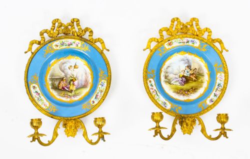 Antique Pair Ormolu & Sevres Porcelain Two Branch Wall Lights Sconces 19th C
