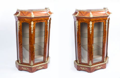 Antique Pair Victorian Tulipwood Vitrines Cabinets C.1870
