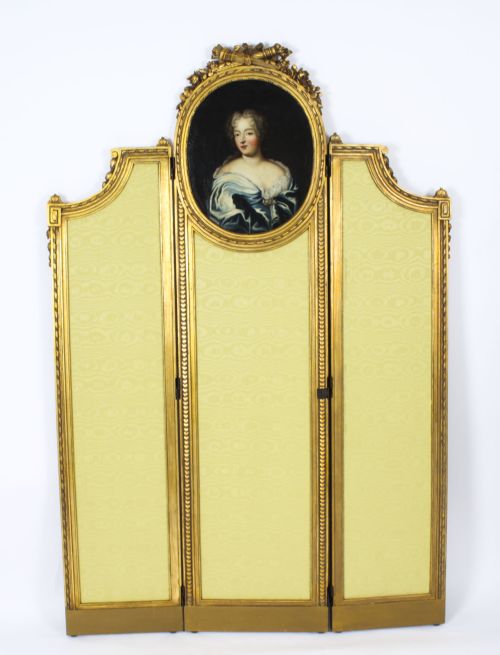 Antique French Giltwood Dressing Screen with Oil Painting Portrait 19th C
