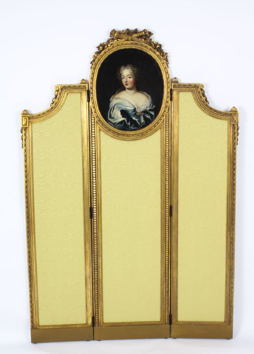 fig 1. Antique French Giltwood Dressing Screen With Oil Painting Portrait 19th C