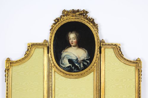 fig 2. Antique French Giltwood Dressing Screen With Oil Painting Portrait 19th C