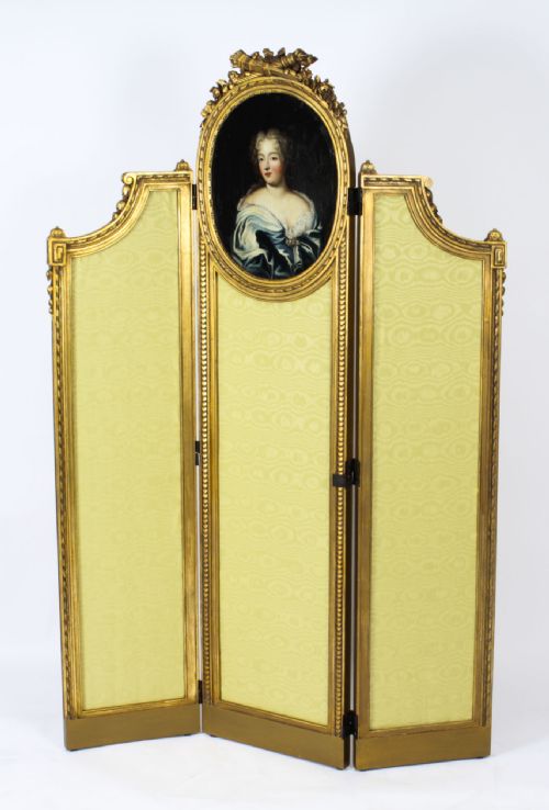 fig 3. Antique French Giltwood Dressing Screen With Oil Painting Portrait 19th C