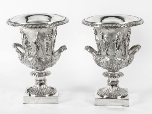 Antique Pair Silver Plated Grand Tour Borghese Bronze Campana Urns 19th C
