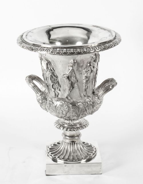 fig 1. Antique Pair Silver Plated Grand Tour Borghese Bronze Campana Urns 19th C
