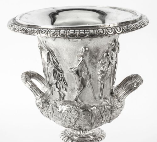 fig 4. Antique Pair Silver Plated Grand Tour Borghese Bronze Campana Urns 19th C
