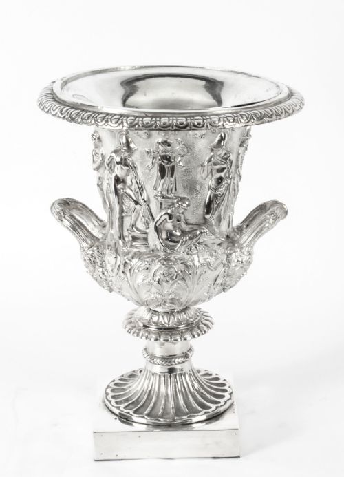 fig 6. Antique Pair Silver Plated Grand Tour Borghese Bronze Campana Urns 19th C