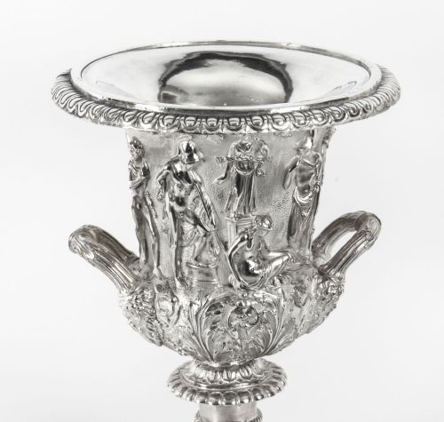 fig 7. Antique Pair Silver Plated Grand Tour Borghese Bronze Campana Urns 19th C